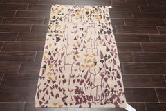 3x5 Beige, Charcoal, Aubergine Color Hand Knotted 100% Wool Modern Oriental Rug