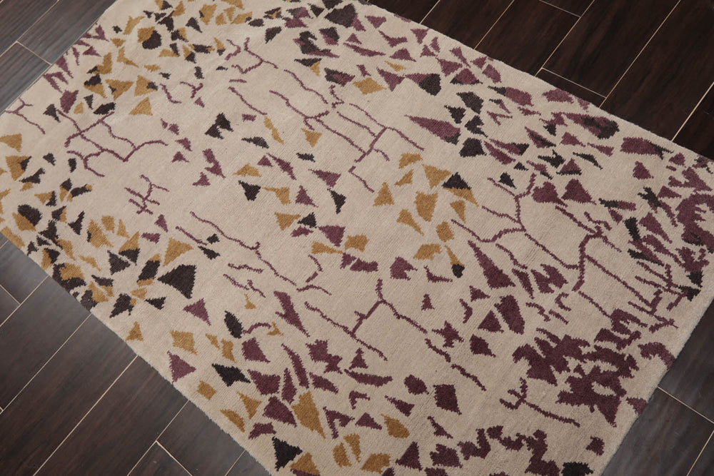3x5 Beige, Charcoal, Aubergine Color Hand Knotted 100% Wool Modern Oriental Rug