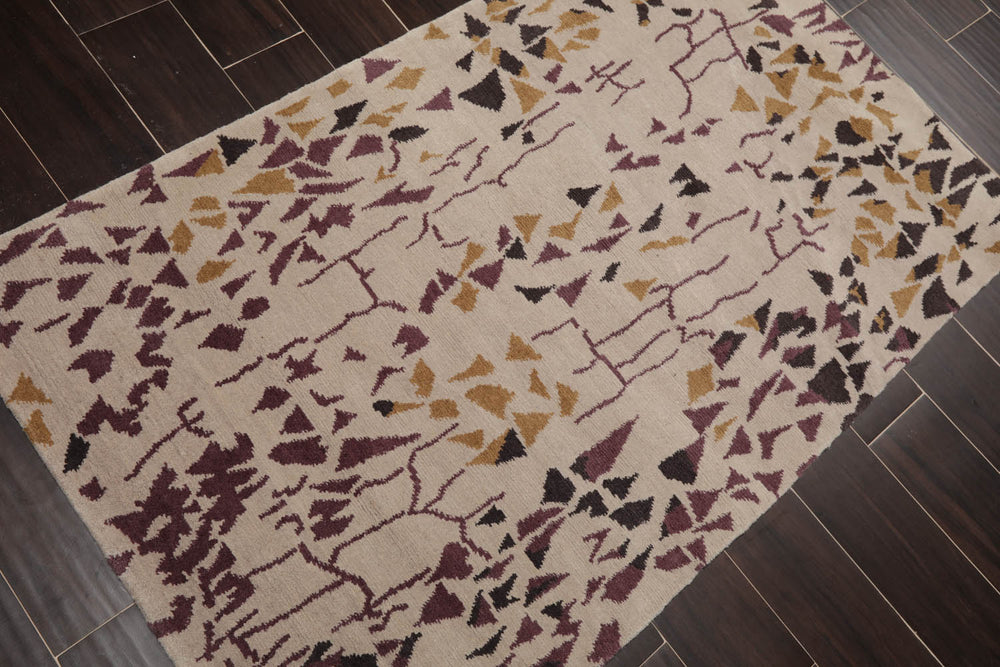 3x5 Beige, Charcoal, Aubergine Color Hand Knotted 100% Wool Modern Oriental Rug
