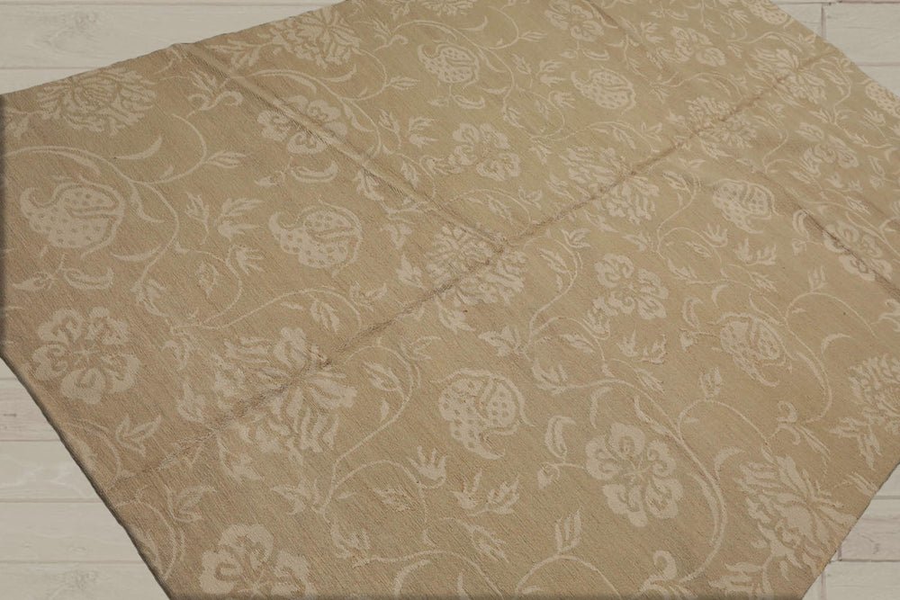 6x9 Beige Tone On Tone, , Color Hand Knotted Wool & Silk Transitional Oriental Rug