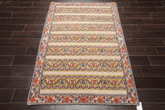 4x6 Beige, Blue, Mustard Color Hand Knotted 100% Wool Transitional Oriental Rug