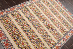 4x6 Beige, Blue, Mustard Color Hand Knotted 100% Wool Transitional Oriental Rug