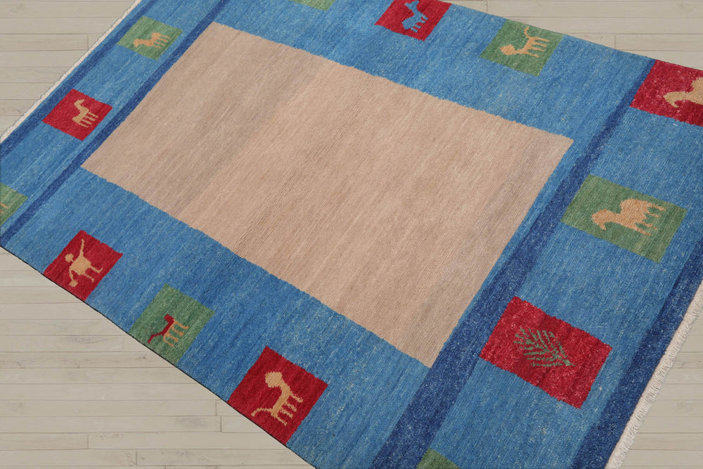 4x6 Beige, Blue, Coral Color Hand Knotted Gabbeh 100% Wool Modern & Contemporary Oriental Rug