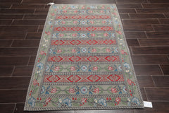 4x6 Celadon, Gray, Burnt Orange Color Hand Knotted 100% Wool Transitional Oriental Rug