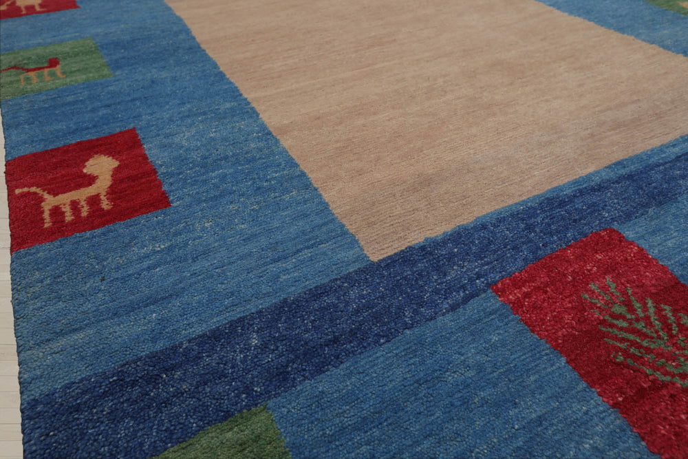 4x6 Beige, Blue, Coral Color Hand Knotted Gabbeh 100% Wool Modern & Contemporary Oriental Rug