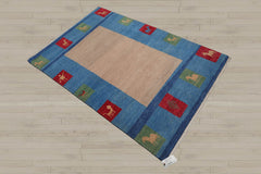 4x6 Beige, Blue, Coral Color Hand Knotted Gabbeh 100% Wool Modern & Contemporary Oriental Rug