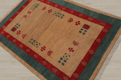 4x6 Beige, Tan, Teal Color Hand Knotted Gabbeh 100% Wool Modern & Contemporary Oriental Rug