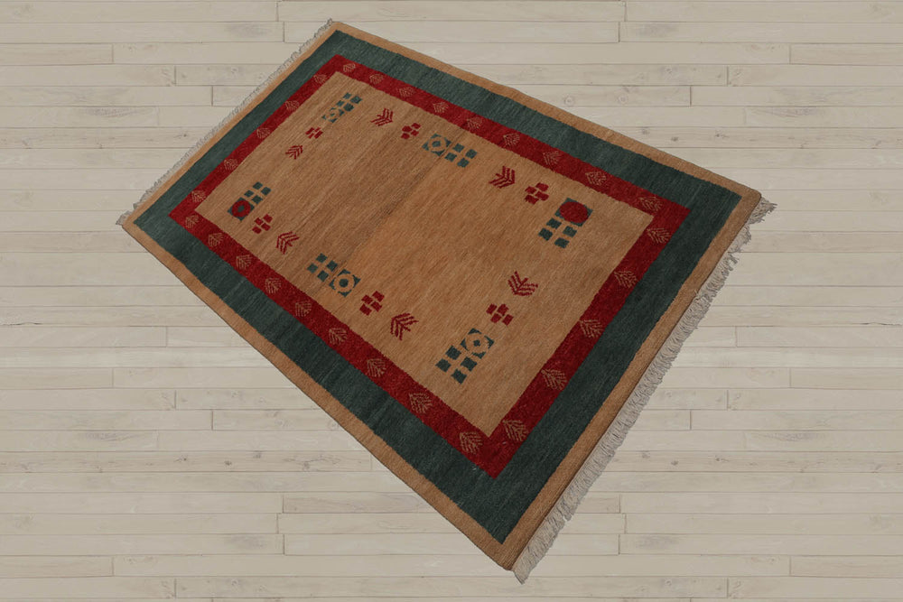4x6 Beige, Tan, Teal Color Hand Knotted Gabbeh 100% Wool Modern & Contemporary Oriental Rug