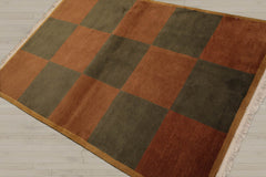4x6 Brown, Green, Gold Color Hand Knotted Tibetan 100% Wool Modern & Contemporary Oriental Rug