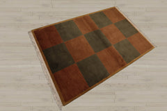 4x6 Brown, Green, Gold Color Hand Knotted Tibetan 100% Wool Modern & Contemporary Oriental Rug