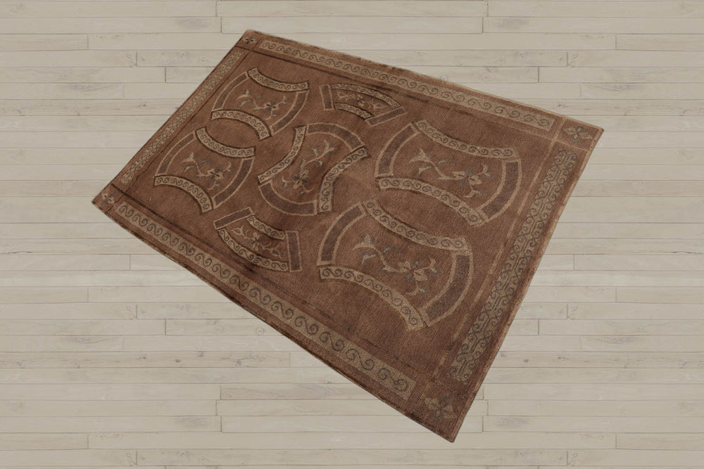 4x6 Taupe, Brown, Beige Color Hand Knotted Tibetan 100% Wool Transitional Oriental Rug