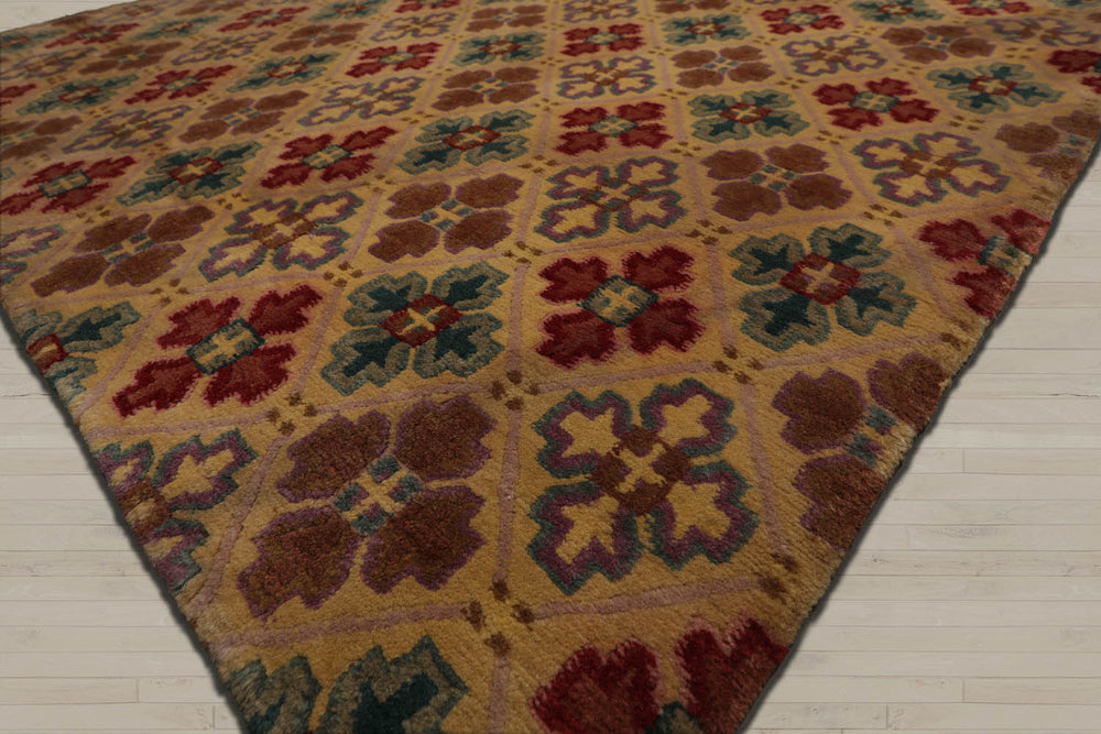 4x6 Beige, Light Gold, Celadon Color Hand Knotted Tibetan 100% Wool Transitional Oriental Rug