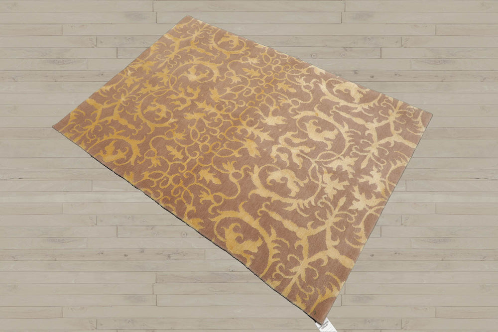 4x6 Beige, Light Gold, Color Hand Knotted Tibetan 100% Wool Transitional Oriental Rug