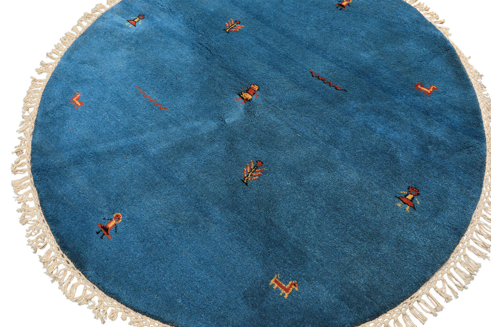 Round Aqua, Gold, Black Color Hand Knotted Gabbeh Wool Modern & Contemporary Oriental Rug