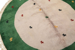 Round Faded Lavender, Green, Gold Color Hand Knotted Gabbeh Wool Modern & Contemporary Oriental Rug