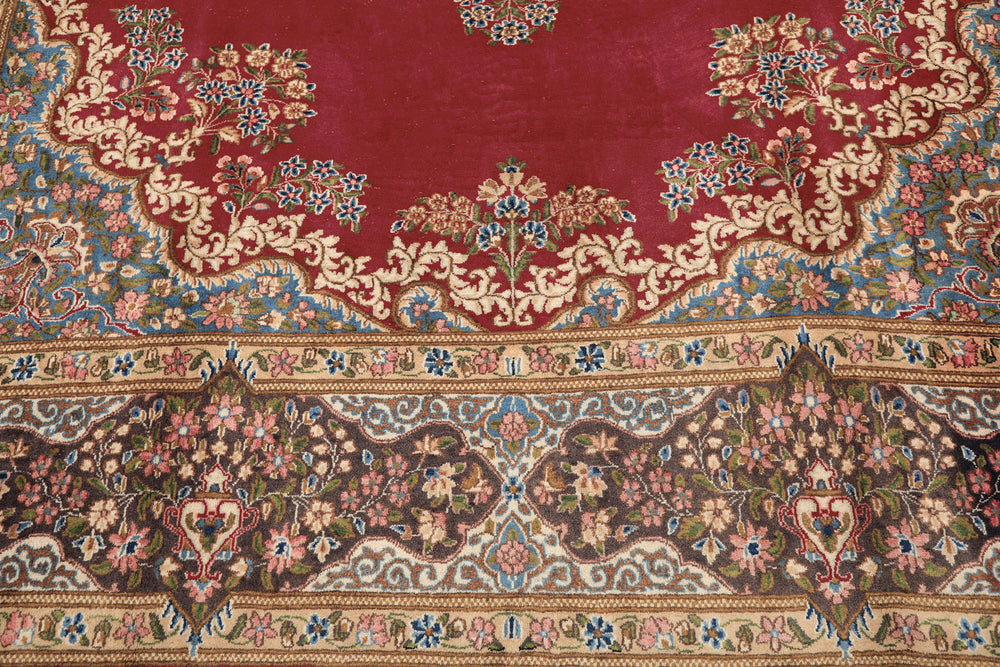 10x14 Coral, Aubergine, Aqua Color Hand Knotted Kerman Wool Traditional Oriental Rug