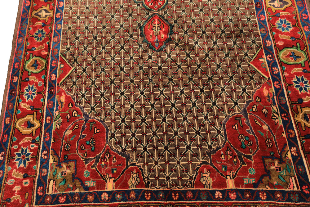 Runner Brown, Coral, Turquoise Color Hand Knotted Hamadan Wool Oriental Rug