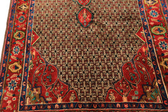 Runner Brown, Coral, Turquoise Color Hand Knotted Hamadan Wool Oriental Rug