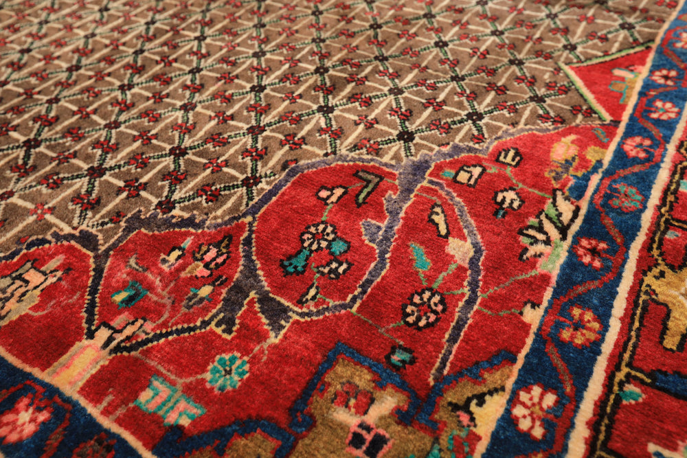 Runner Brown, Coral, Turquoise Color Hand Knotted Hamadan Wool Oriental Rug