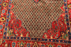 Runner Brown, Coral, Turquoise Color Hand Knotted Hamadan Wool Oriental Rug