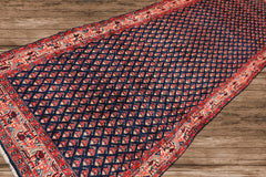Runner Navy, Ivory, Red Color Hand Knotted Boteh Wool Traditional Oriental Rug
