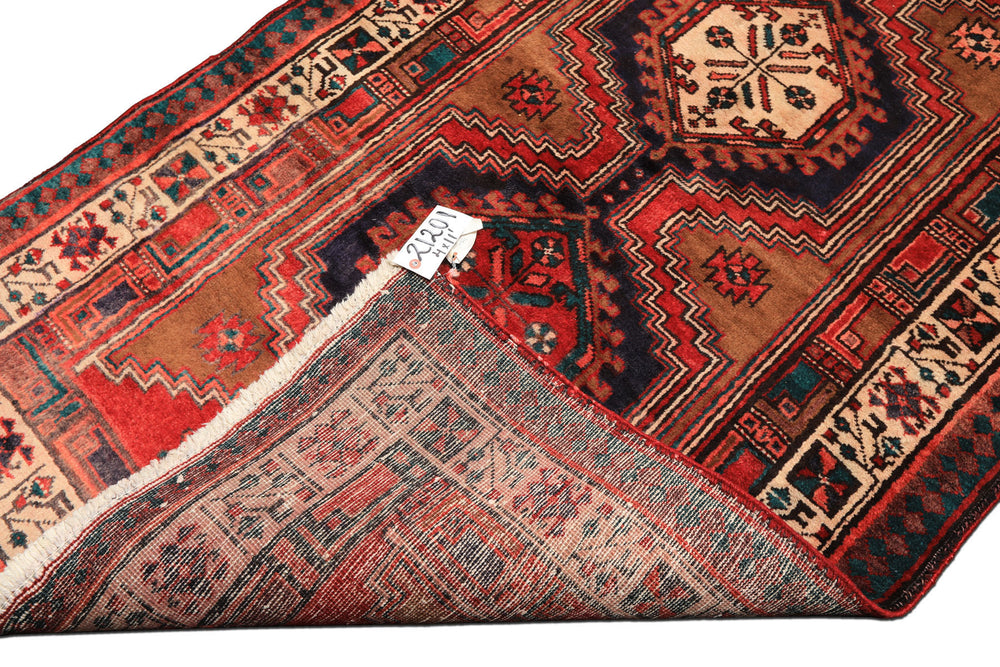 Runner Navy, Brown, Ivory Color Hand Knotted Hamadan Wool Traditional Oriental Rug