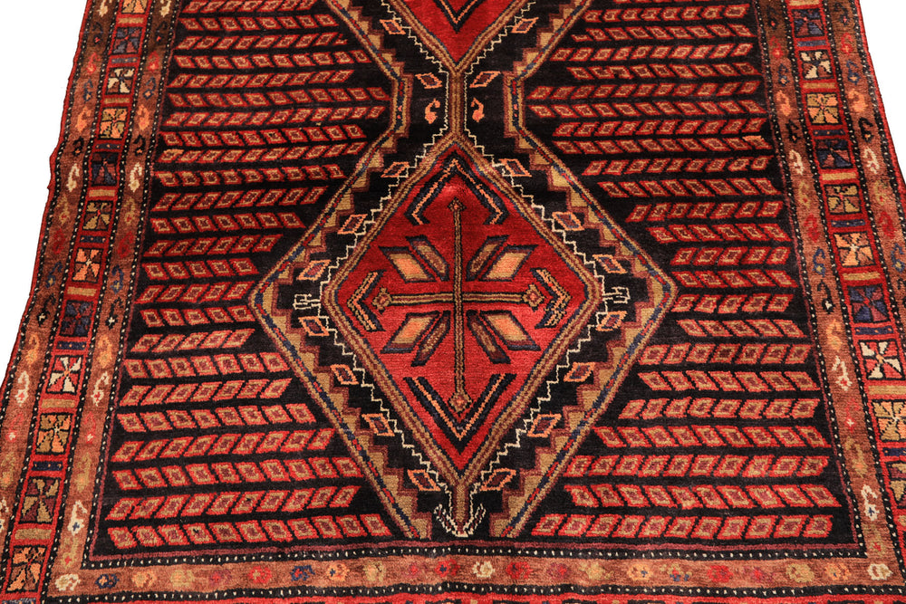 Runner Red, Charcoal, Brown Color Hand Knotted Hamadan Wool Traditional Oriental Rug