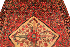 Runner Rust, Coral, Ivory Color Hand Knotted Hamadan Wool Traditional Oriental Rug