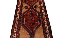 Runner Burgundy, Camel, Ivory Color Hand Knotted Kurdish Bidjar Wool Traditional Oriental Rug