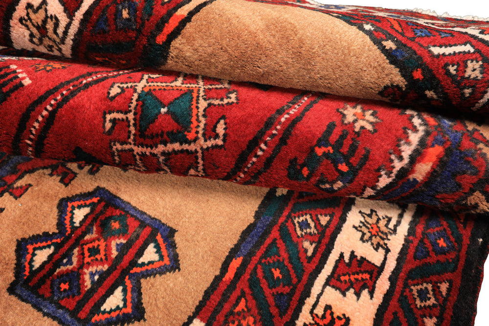 Runner Burgundy, Camel, Ivory Color Hand Knotted Kurdish Bidjar Wool Traditional Oriental Rug