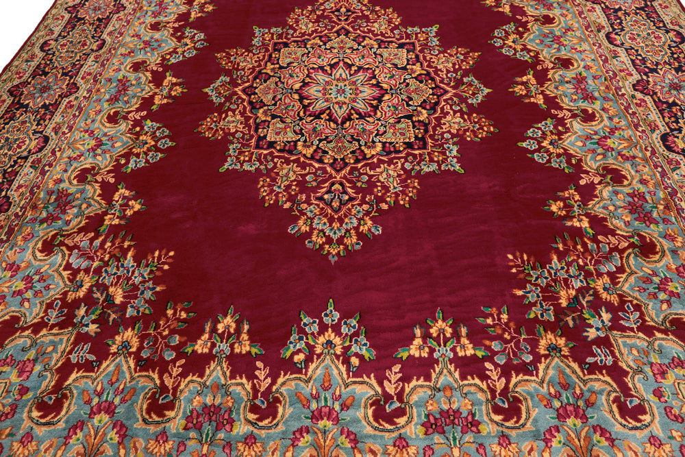 9x12 Fuschia, Aqua, Navy Color Hand Knotted Kerman Wool Traditional Oriental Rug