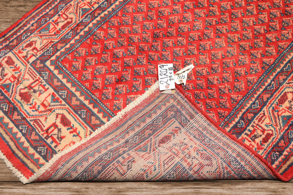 Runner Coral, Ivory, Aqua Color Hand Knotted Kurdish Bidjar Herati Wool Traditional Oriental Rug