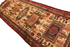 Runner Light Gold, Coral, Navy Color Hand Knotted Kurdish Hamadan Wool Traditional Oriental Rug