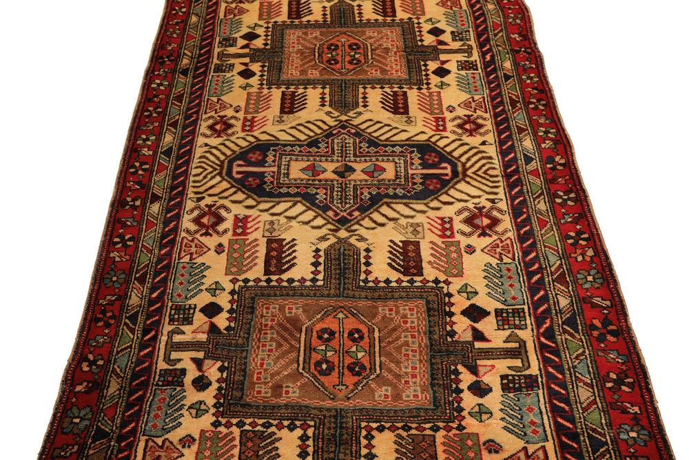 Runner Light Gold, Coral, Navy Color Hand Knotted Kurdish Hamadan Wool Traditional Oriental Rug