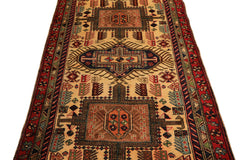 Runner Light Gold, Coral, Navy Color Hand Knotted Kurdish Hamadan Wool Traditional Oriental Rug