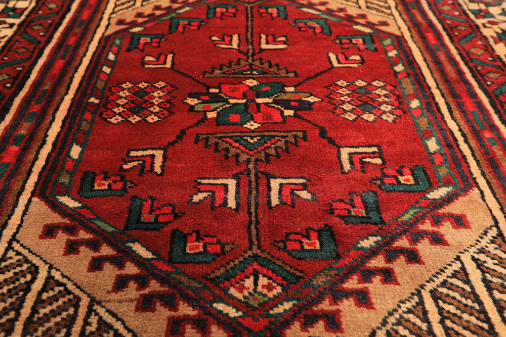 Runner Rusty Red, Tan, Ivory Color Hand Knotted Kurdish Hamadan Wool Traditional Oriental Rug