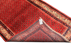 Runner Red, Ivory, Navy Color Hand Knotted Kurdish Bidjar Herati Wool Traditional Oriental Rug