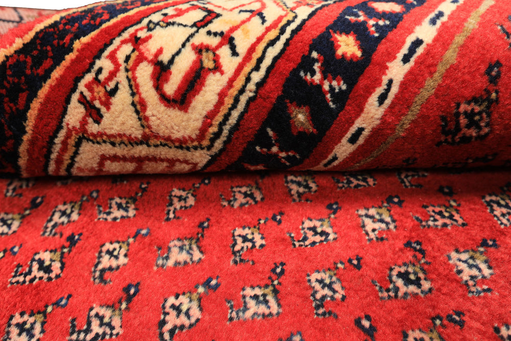 Runner Red, Ivory, Navy Color Hand Knotted Kurdish Bidjar Herati Wool Traditional Oriental Rug