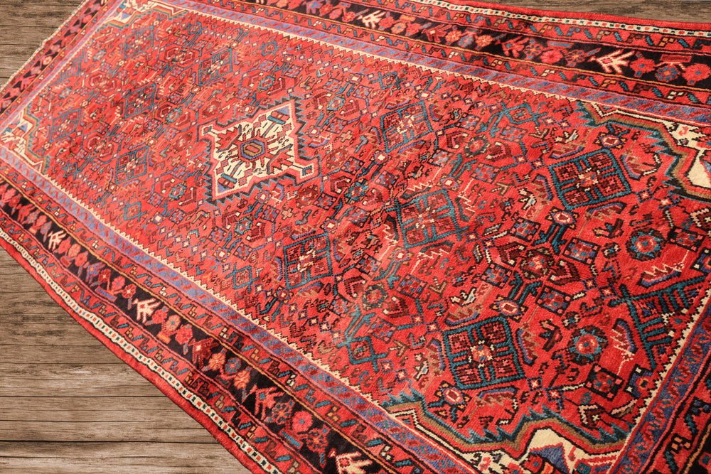 Runner Red, Rose, Charcoal Color Hand Knotted Heriz Wool Traditional Oriental Rug
