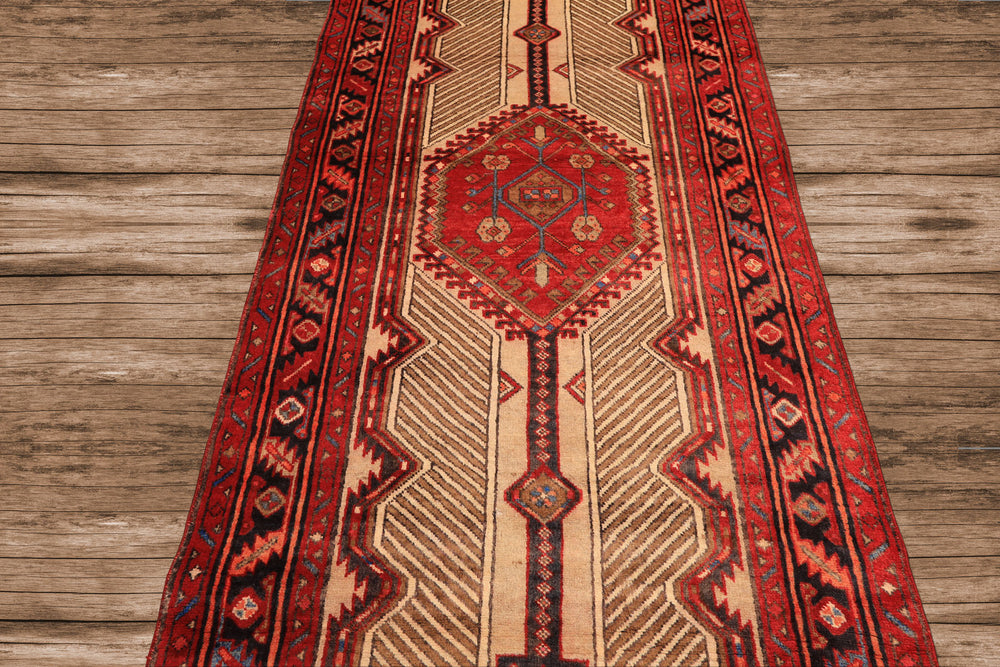 Runner Beige, Red, Rose Color Hand Knotted Heriz Wool Traditional Oriental Rug