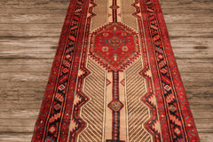 Runner Beige, Red, Rose Color Hand Knotted Heriz Wool Traditional Oriental Rug