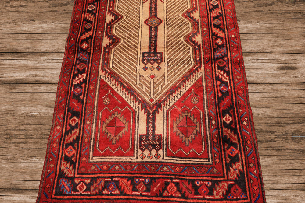 Runner Beige, Red, Rose Color Hand Knotted Heriz Wool Traditional Oriental Rug