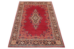 7x10 Red, Navy, Aqua Color Hand Knotted Kerman Wool Traditional Oriental Rug