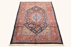 6x9 Navy, Burnt Orange, Ivory Color Hand Knotted Kashmar Wool Traditional Oriental Rug