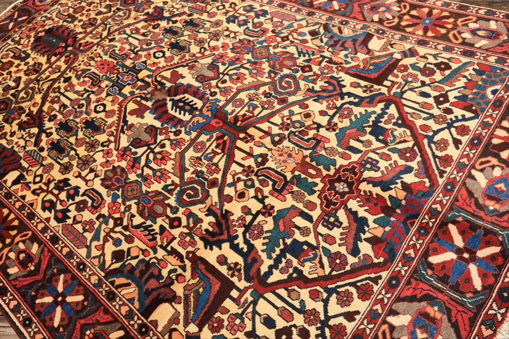 7x10 Ivory, Chocolate, Navy Color Hand Knotted Char Mahal Bhaktiari Wool Traditional Oriental Rug