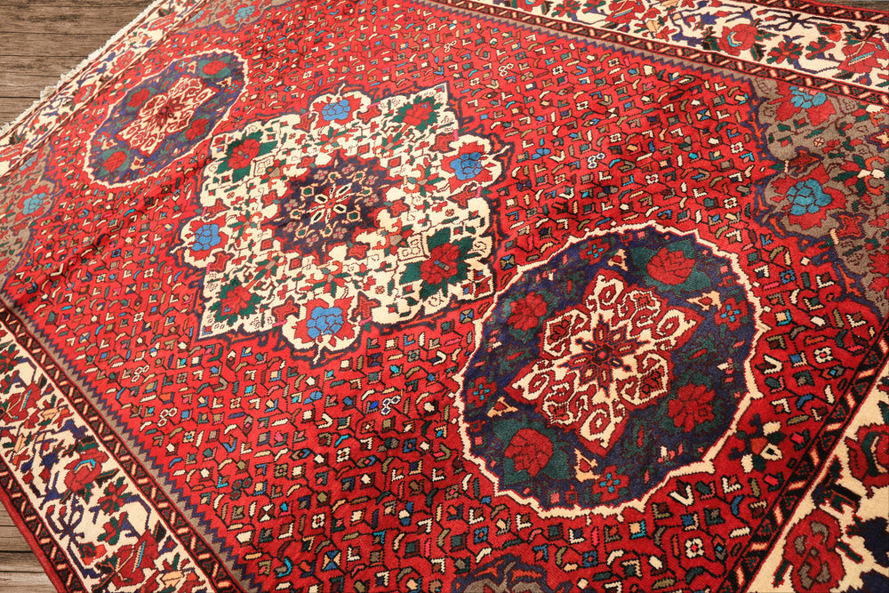 7x10 Red, Ivory, Blue Color Hand Knotted Ghom Wool Traditional Oriental Rug