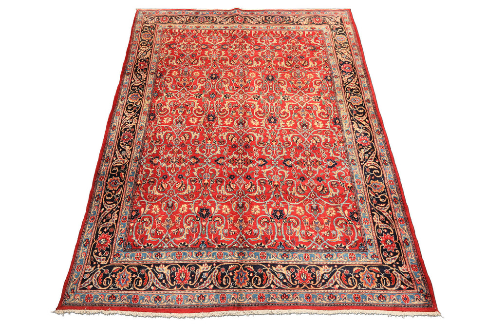 7x10 Red, Midnight Blue, Orange Color Hand Knotted Kashmar Wool Traditional Oriental Rug