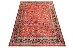 7x10 Red, Midnight Blue, Orange Color Hand Knotted Kashmar Wool Traditional Oriental Rug