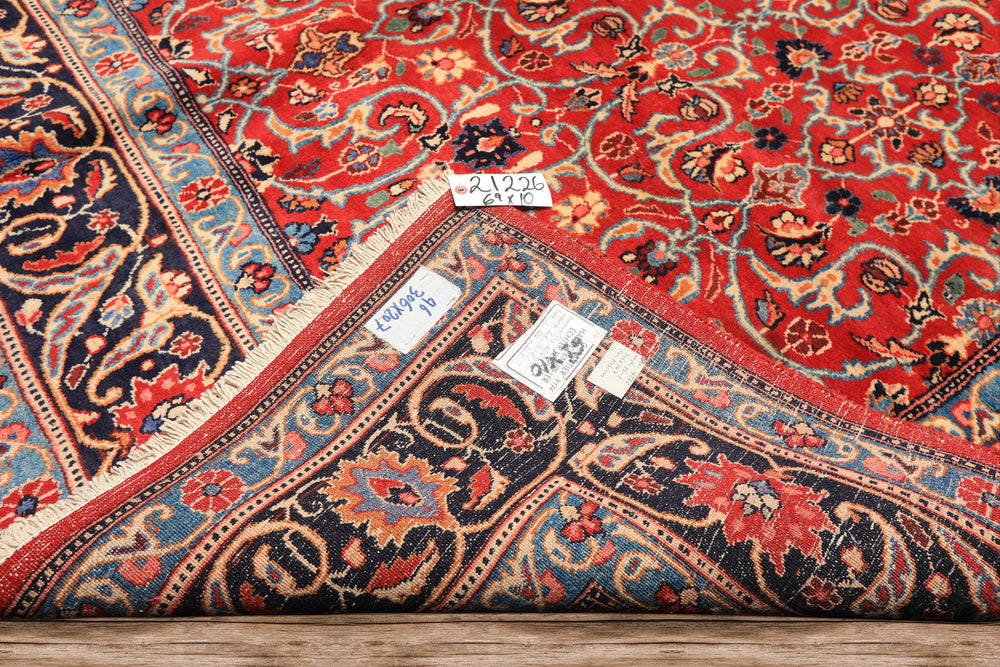 7x10 Red, Midnight Blue, Orange Color Hand Knotted Kashmar Wool Traditional Oriental Rug