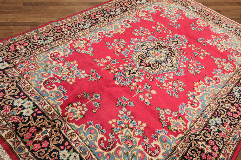 7x10 Fuschia, Midnight Blue, Aqua Color Hand Knotted Kerman Wool Traditional Oriental Rug